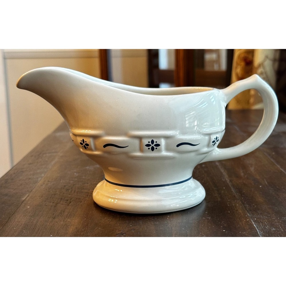 Longaberger Pottery Woven Traditions Ivory Gravy Boat Navy Blue Blue Accents USA